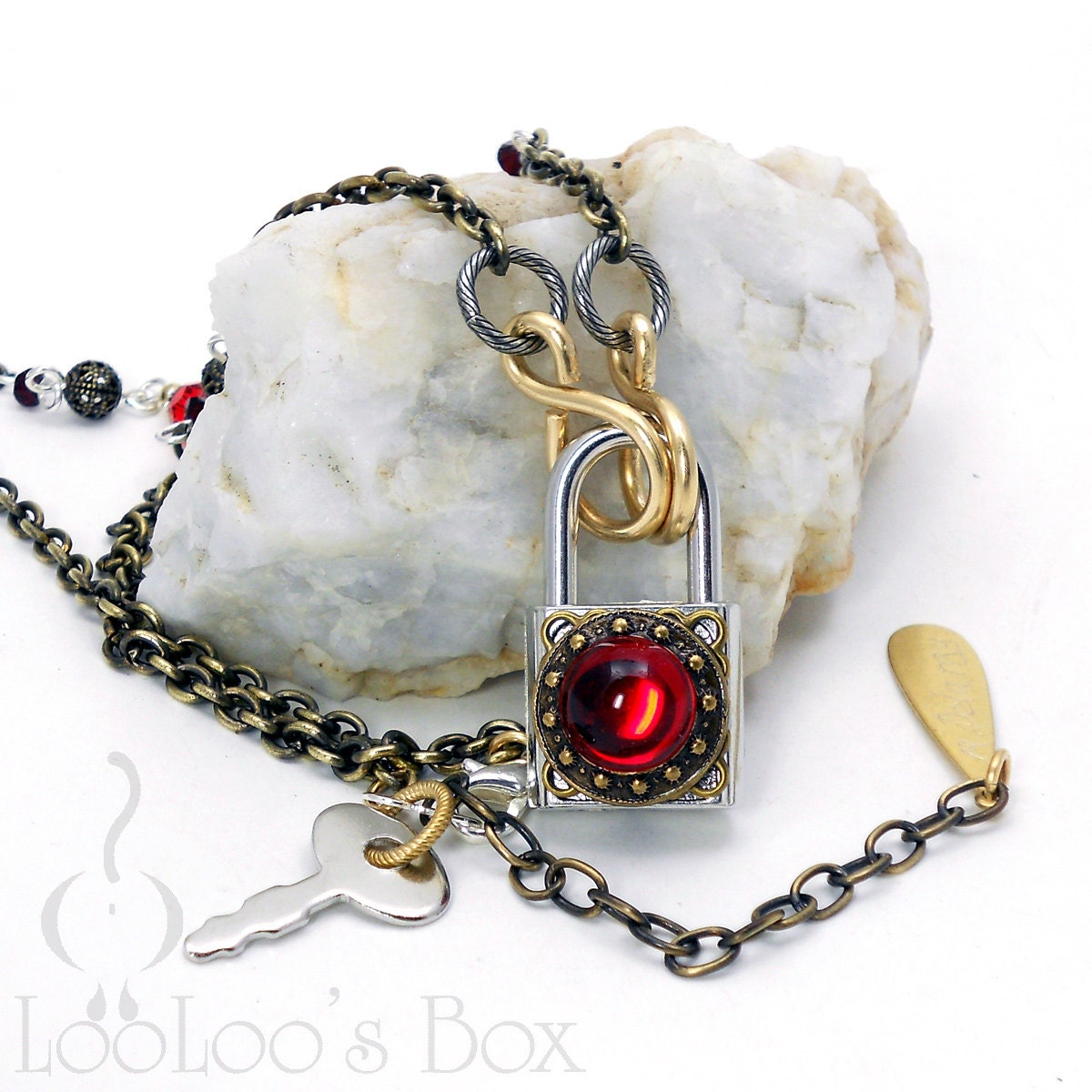 LOCK & KEY Padlock Necklace Siam Red  Rhinestone Cabochon Czech Glass Victorian Steampunk Silverplate and Brass Ox N379 by LooLoo's Box