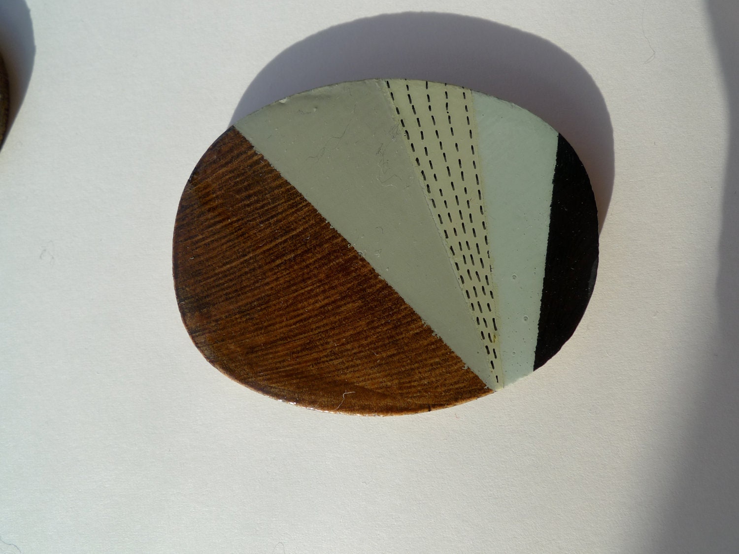 Geometric wooden hand painted and illustrated Brooch