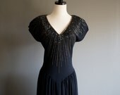 80s Black & Sequin RICKI LANG for Nuit V-Neck Drop Waist Dress (s-m)