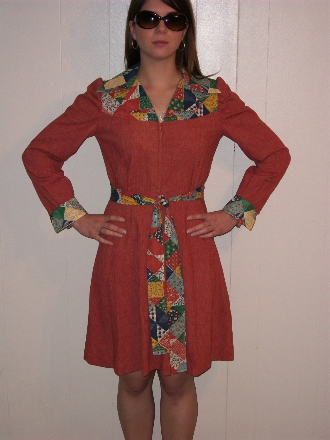 60s Hippie Dress -- patchwork detail - size medium or large - FREE shipping