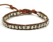 Brown Leather Bracelet for Men with Silver Nuggets