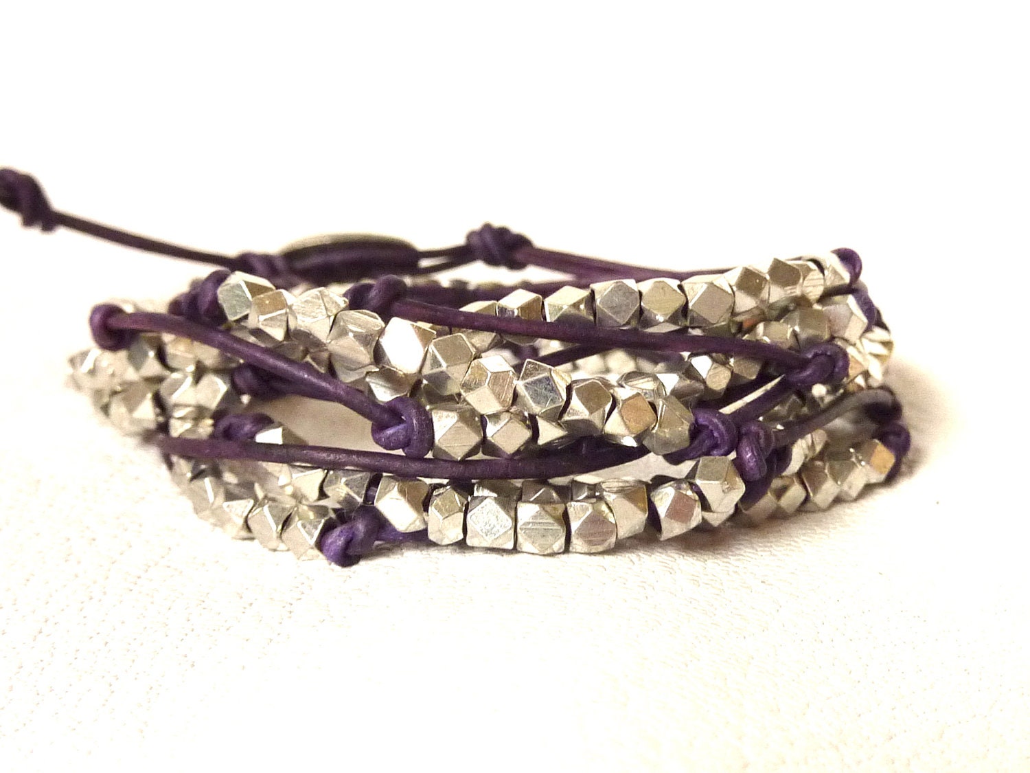 Natural Purple Leather Knot Bracelet with Silver Nuggets