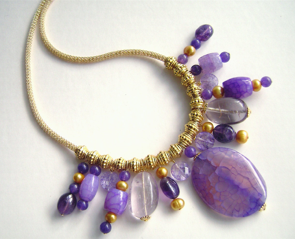 Amethyst Necklace, Agate Jewelry, Gemstone Jewelry, Gold Necklace, Rainbow Fluorite, Purple Quartz, Silver Silk Jewelry