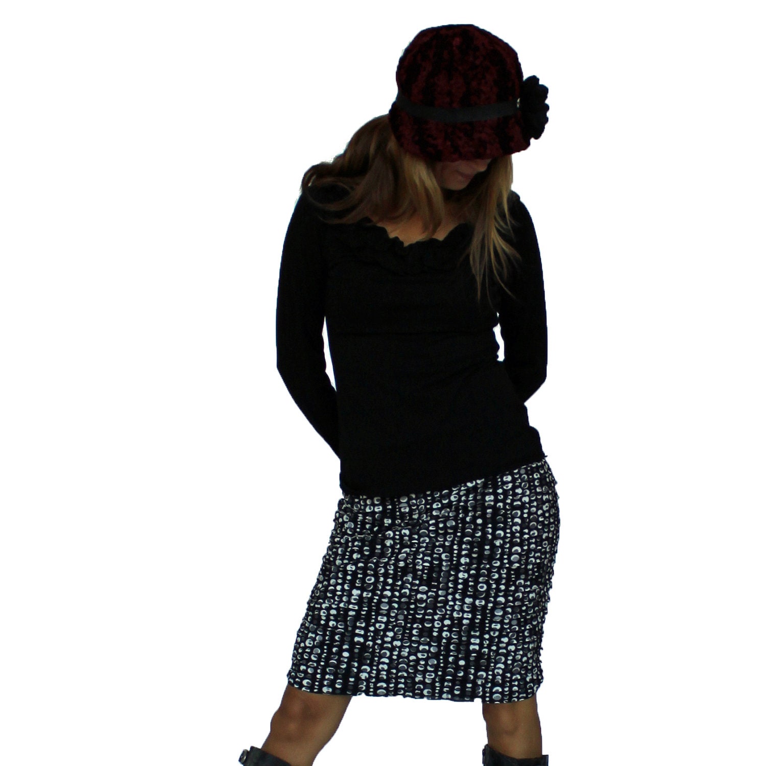 Black, White, and Gray Polka Dot Ruffle Pencil Skirt, See Skirt