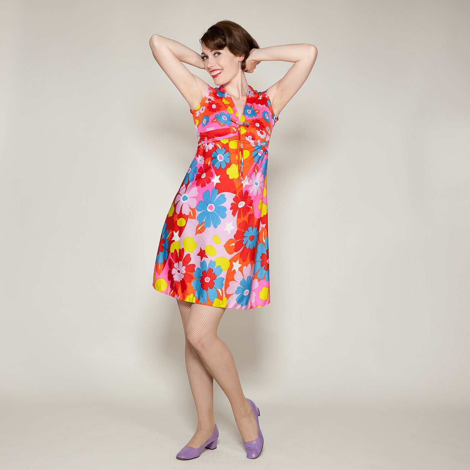 Vintage 1960s Neon Mini Dress Floral Jersey Summer Fashions
