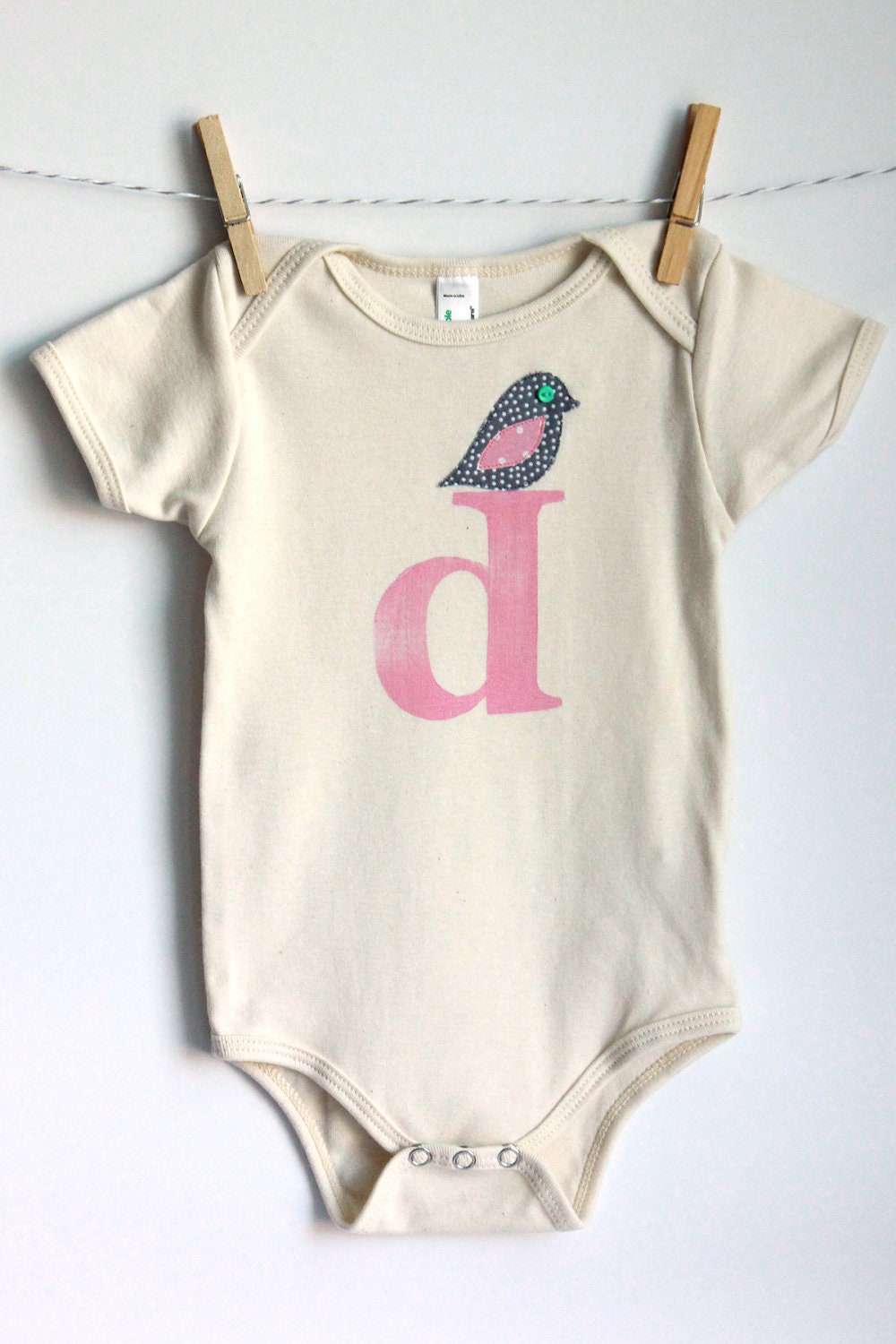 Bird Resting On Lowercase Letter -  Appliqued Organic American Apparel Onesie - Baby's Initial