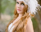 Flapper Bridal Cap Headpiece in Beaded Lace, Rhinestone Trim and Ostrich Feather