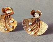 Vintage Gold Tone Textured Rhinestone Earrings