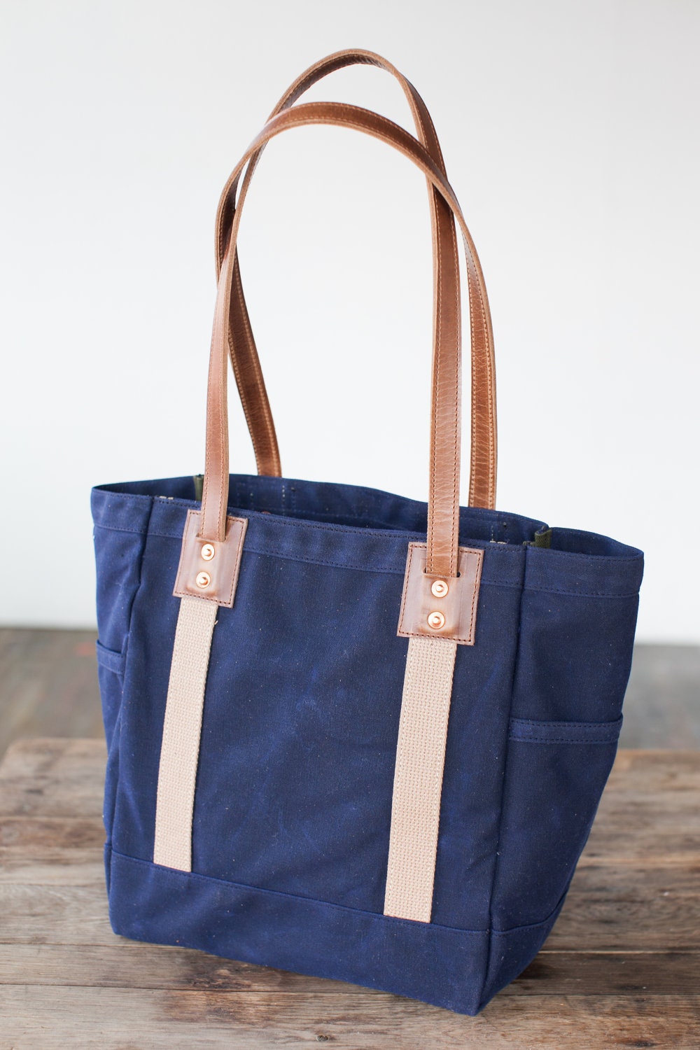 No. 115 Carry Tote in Navy Waxed Canvas & Brown Horween Leather