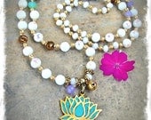 TURQUOISE LOTUS necklace white glass beads long necklace YOGA jewelry Mala beads Bohemian feminine