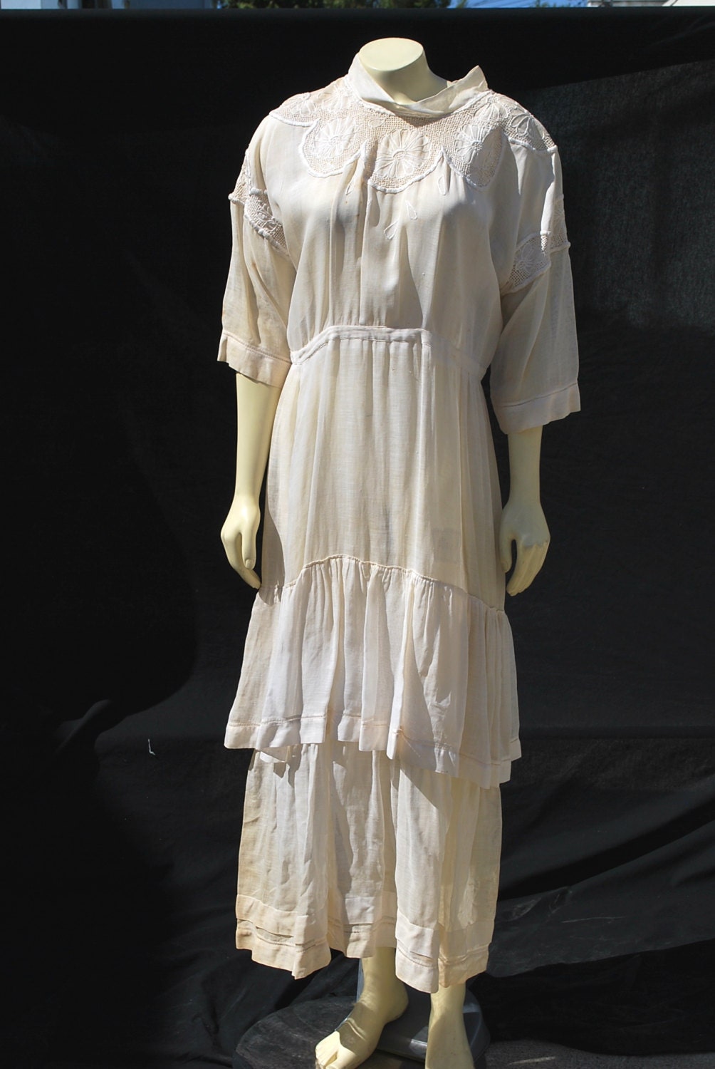 Antique victorian tea dress sheer thin gauze cotton lace embroidered s12 long dress by thekaliman
