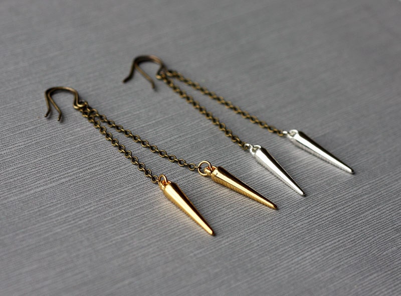 Gold Spike Earrings - Silver Spike Earrings - Mixed Metal Jewelry - Linear Long Chain Earrings - Spike Jewelry