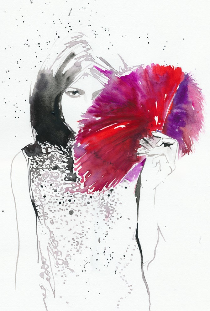 Original Watercolor Painting, Fashion Illustration Girl with Red Ostrich Feathers