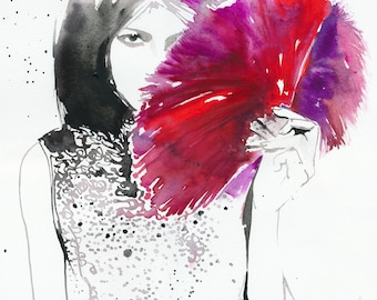 Original Watercolor Painting, Fashion Illustration Girl with Red Ostrich Feathers