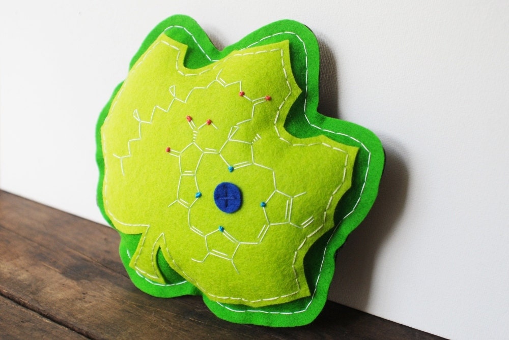 Maple Leaf Pillow with Chlorophyll Molecule Embroidery - Science Plush Decor - Chemistry Biology Plant