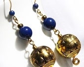 Blue Lapis Lazuli Earrings - Large Hollow Bronze Metal Beads - Wire Wrapped -  Fancy Gift for her