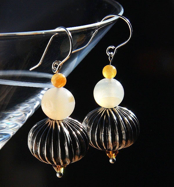 Natural Aquamarine Antique Silver Earrings - Industrial Design Hollow Beads -  Golden Rutilated Quartz - Yellow Topaz Swarovski Crystal