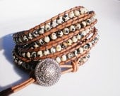5X Leather Wrap Beaded Cuff Bracelet Dalmatian Jasper