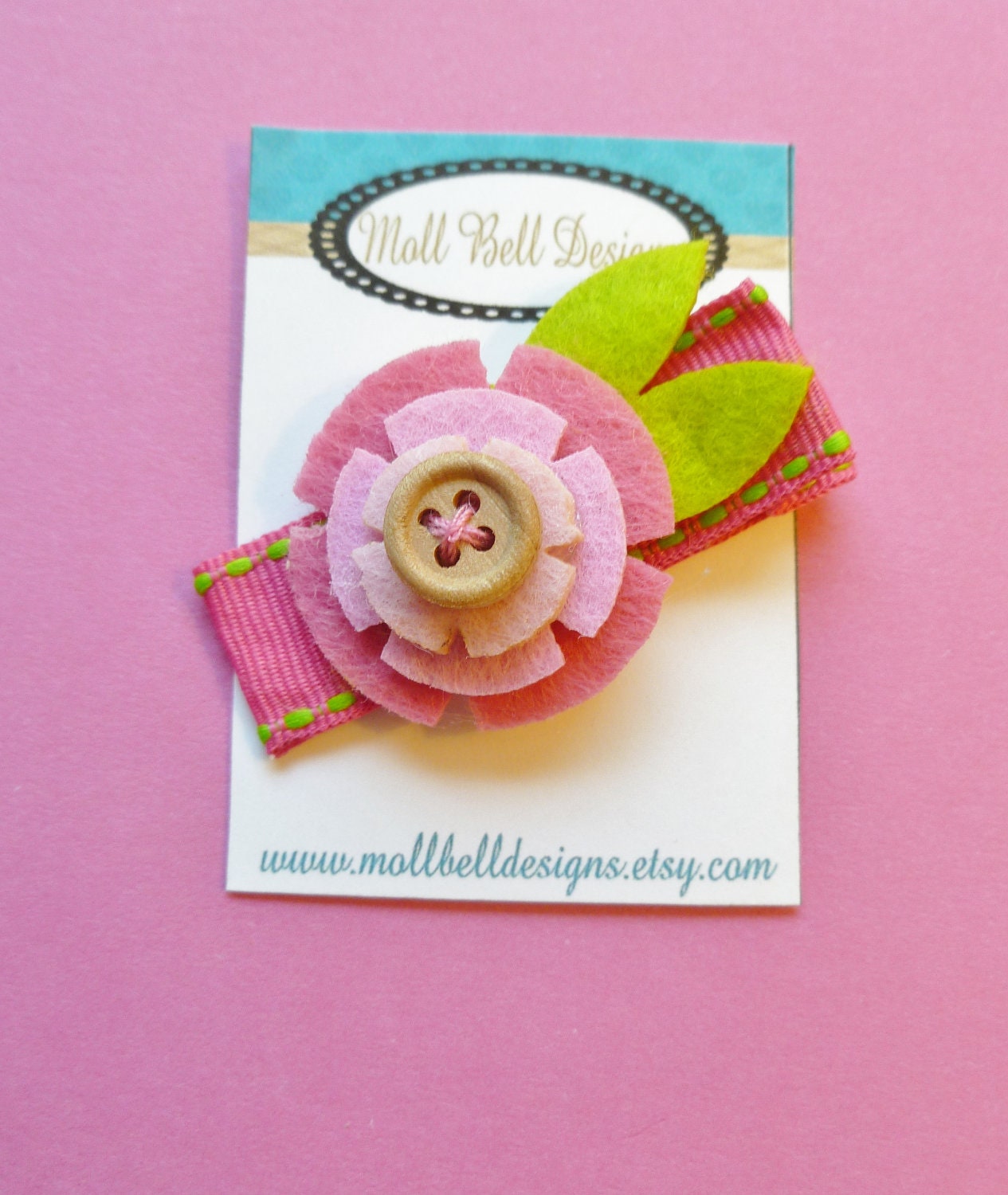Boutique Hairbow...Felt Flower with Button...5 Layers...Pink and Green...Toddler Birthday...ON SALE :)