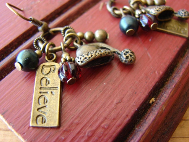 If You Just Believe // Antique Brass Finish Charm / Czech Glass / Cluster Earrings