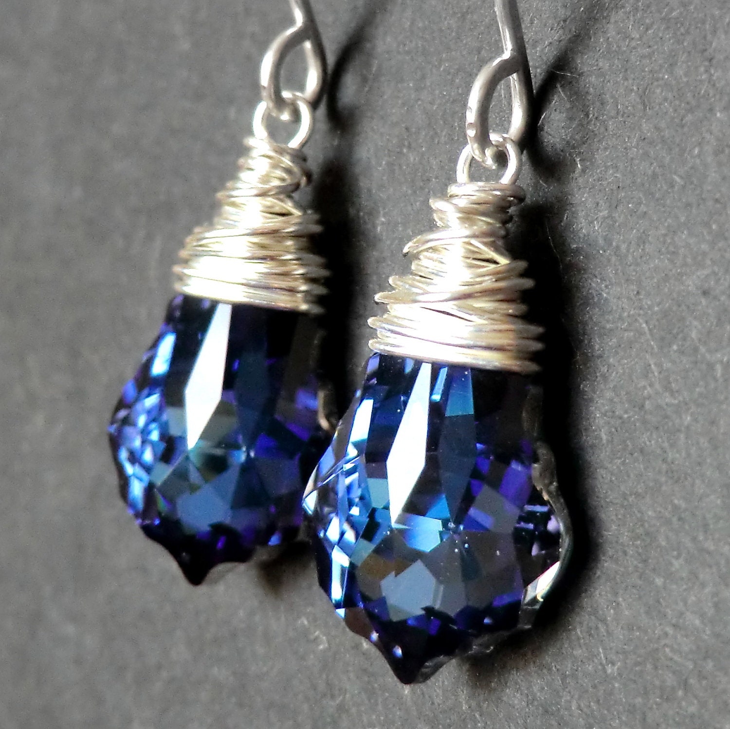 Blue Crystal Earrings, Swarovski Crystal Maliblue Sterling Silver Wire Wrapped Baroque Briolettes, Sterling Silver Earwires