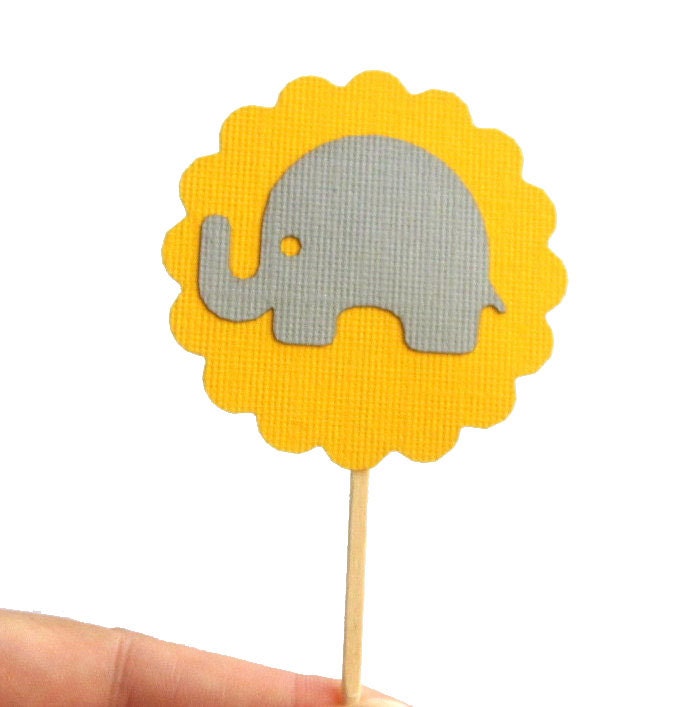 Baby Elephant Mini Cupcake Toppers, Grey and yellow party cupcake toppers A278 Il_170x135