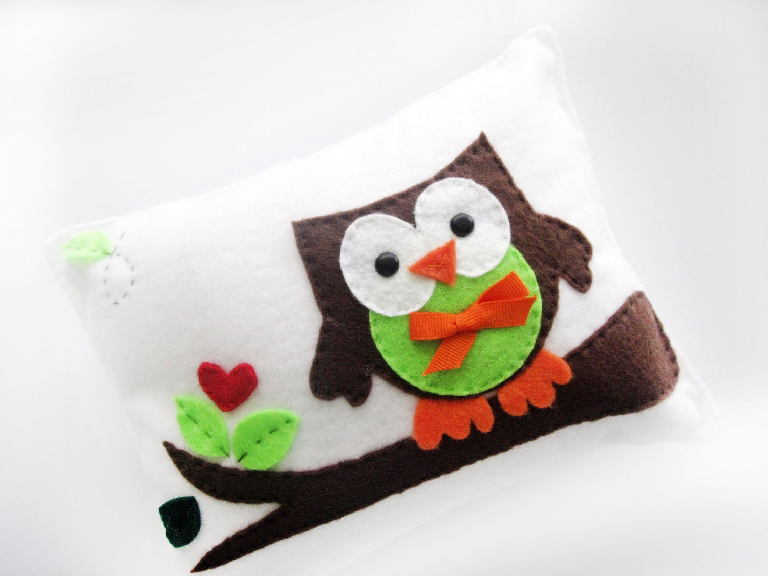Eco friendly Owl Pillow, brown and lime green forest owl A152