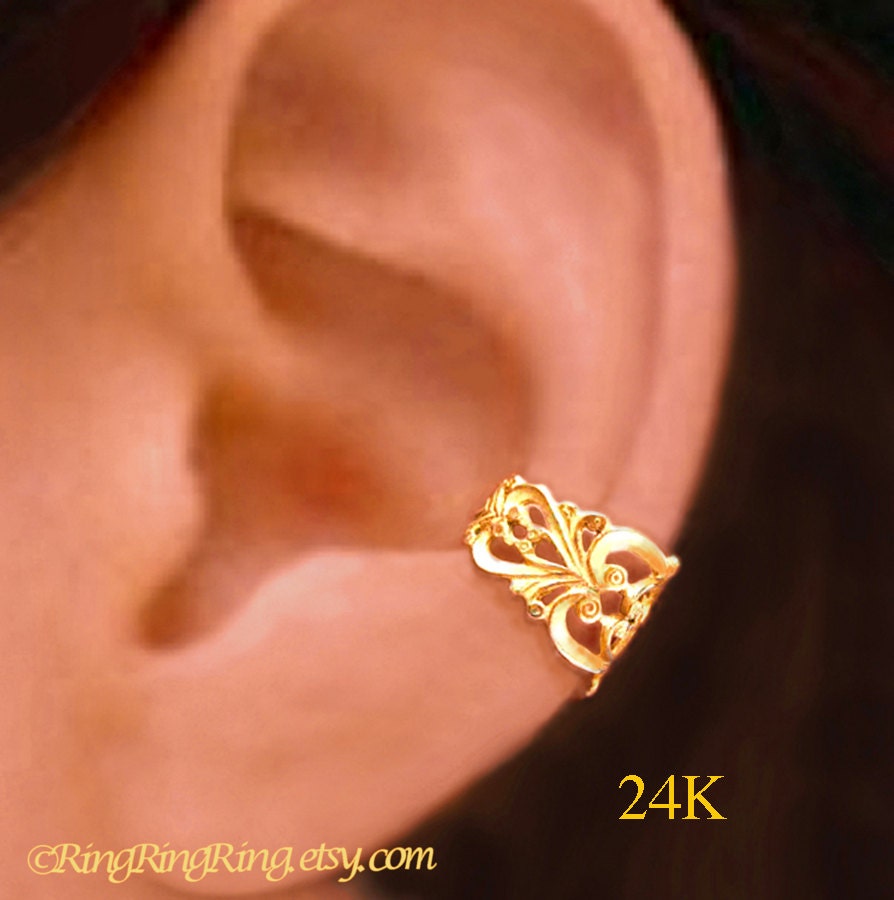 24K Gold Princess Filigree ear cuff earring jewelry - non pierced earcuff clip 110812
