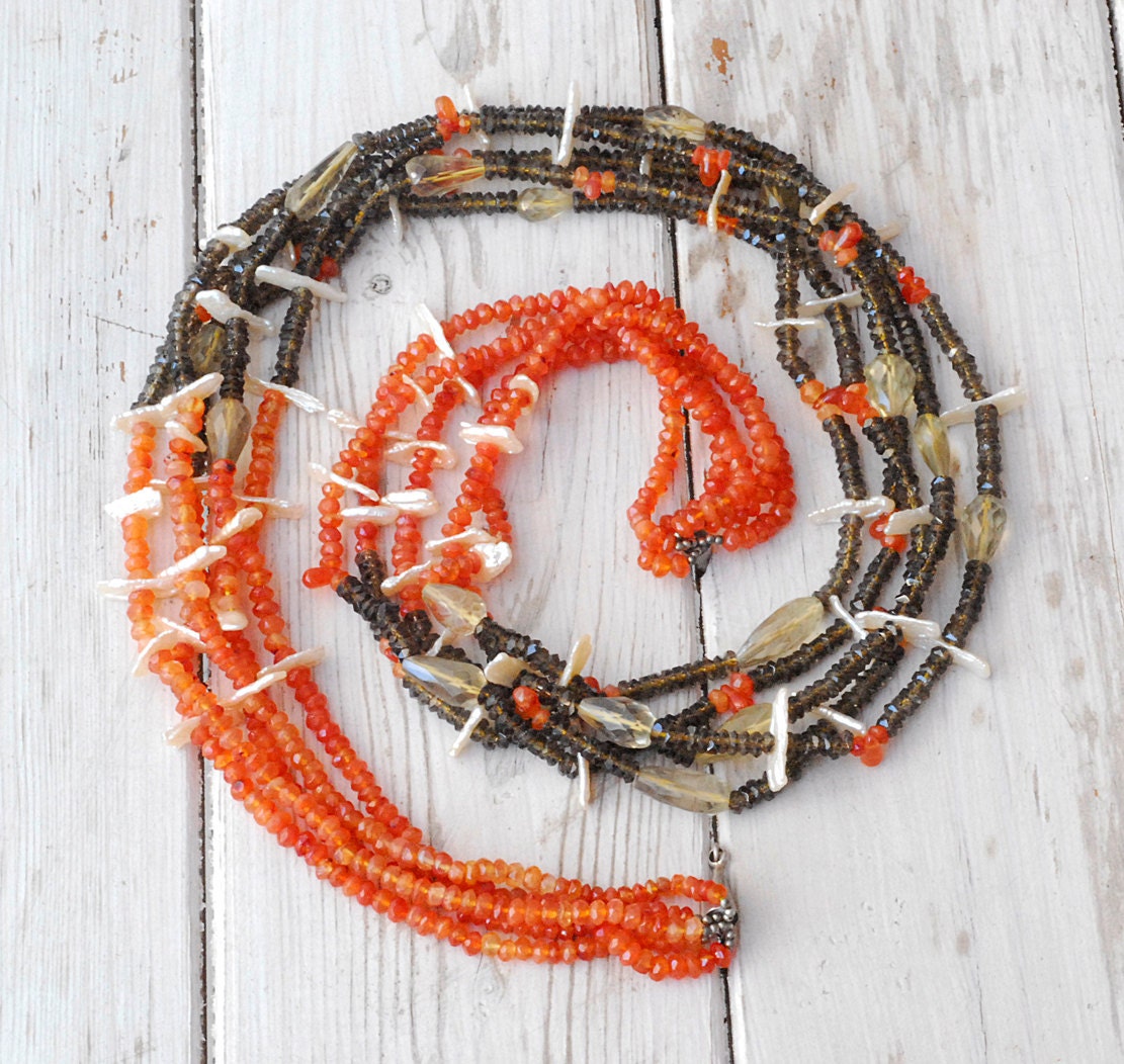 Long Necklace Mandarine Spessartite and Smoky Quartz, Citrus Orange and Brown Glamorous OOAK Fine Statement Jeweryl, Princess Jewelry