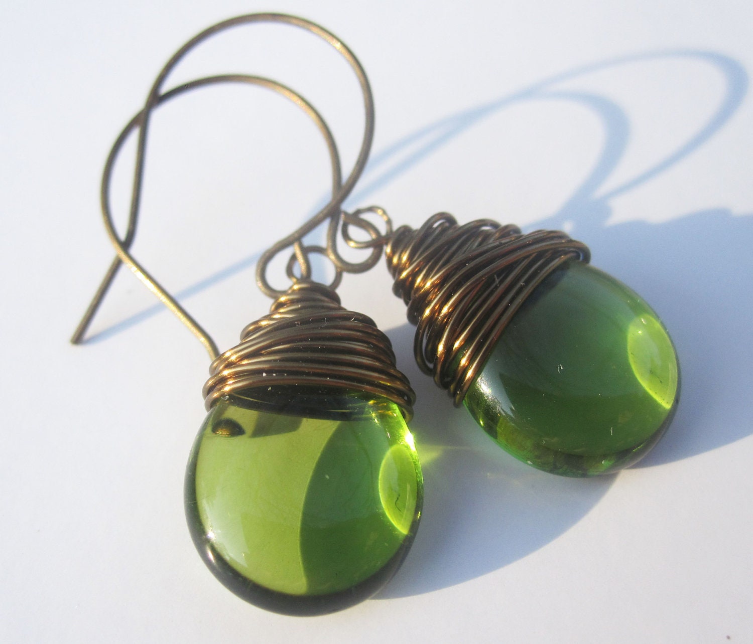 Green Earrings Wire Wrapped Earrings Green Jewelry Tear Drop Earrings