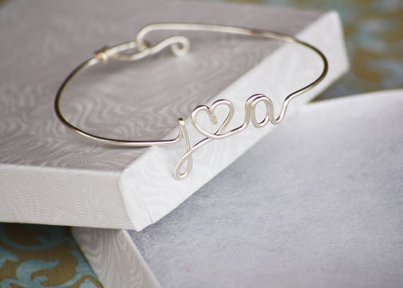 Custom Lovers Initials Bangle with Heart