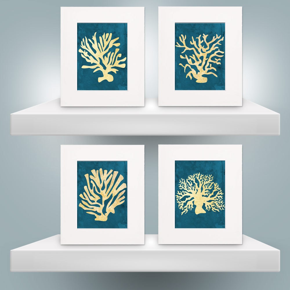 Watercolor Coral Art Prints in Teal and Gold - Set of 4 - 8"x10"