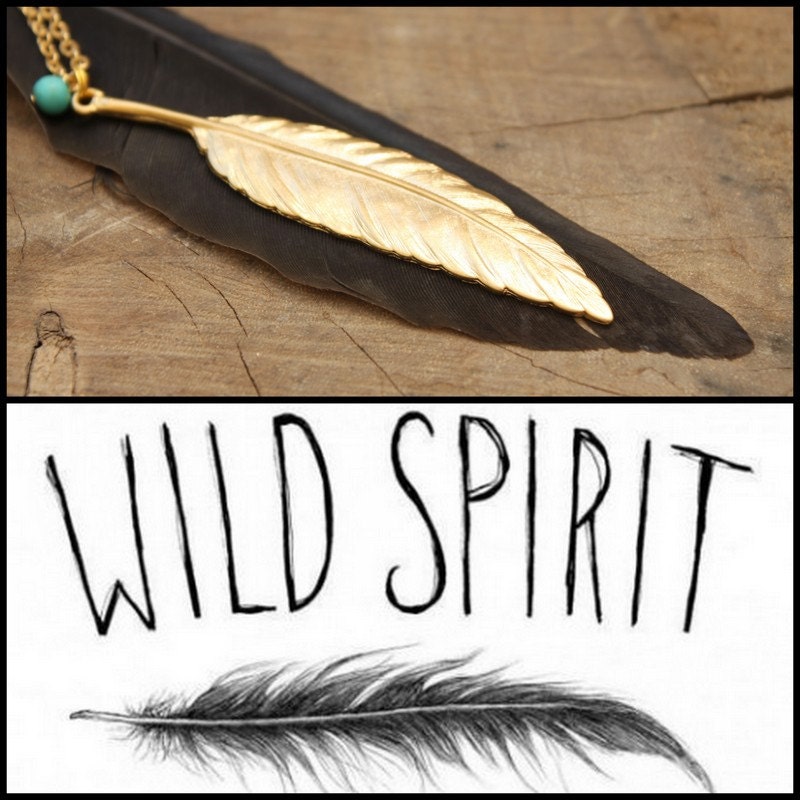 Vintage style Big Feather Necklace in Gols plated with a Turquoise bead Boho bride Native American Bohemian Gypsy Hippie Statement piece