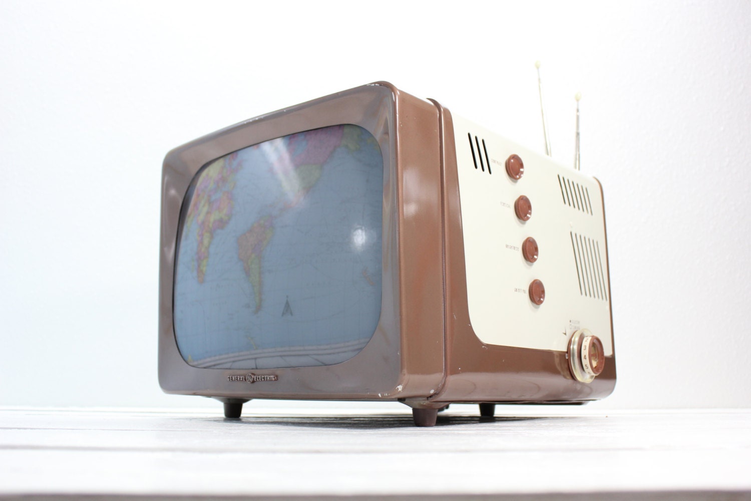MId Century General Electric Two Toned Television-Working-Brown and White