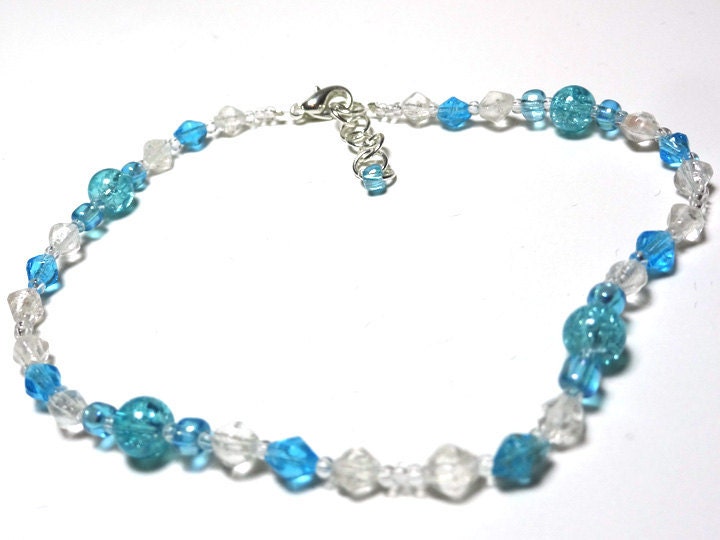 Anklet in Crystal and Blue Beaded on Strong wire with a Lobster Clasp and Chain Extention for Legnth