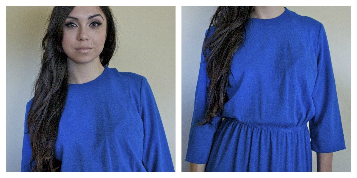 70s 80s royal blue dress three quarter length sleeves crew neck medium large bright blue fall autumn