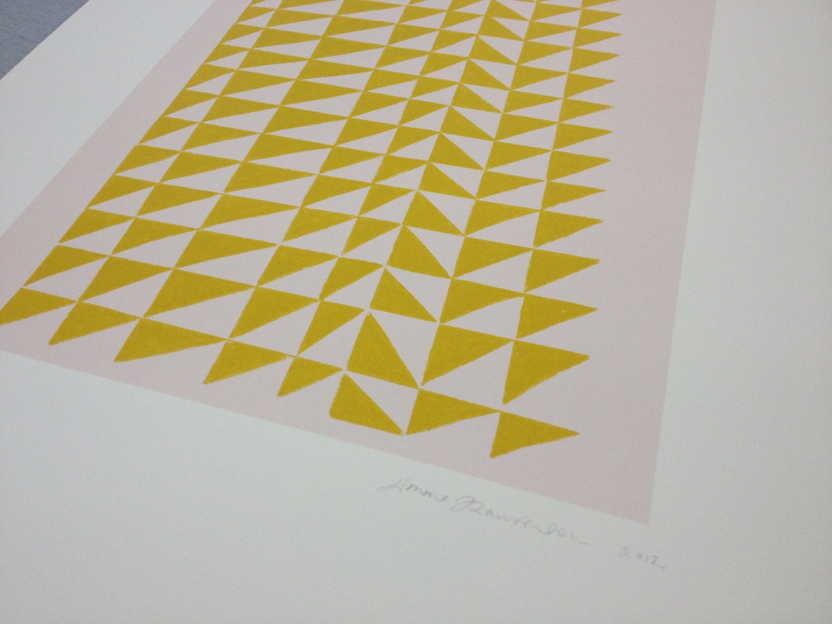 Mid Century inspired geometric pink and yellow handmade screenprint. Large original, modern wall art.