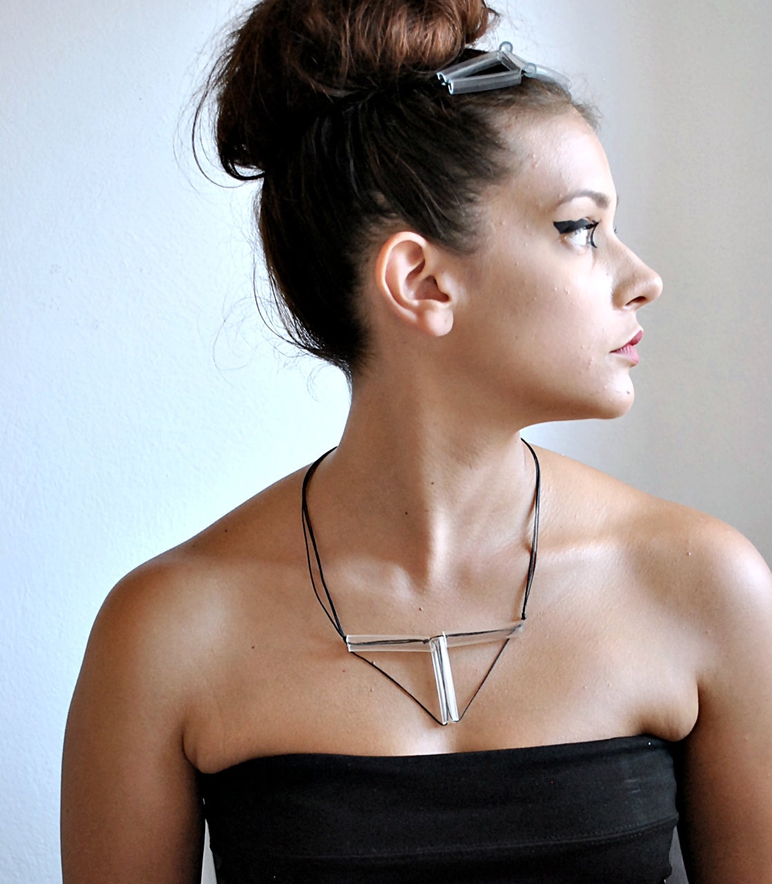 Geometric minimal T necklace- triangle- arrow- collar-rubber tube- Ready to ship- under 25