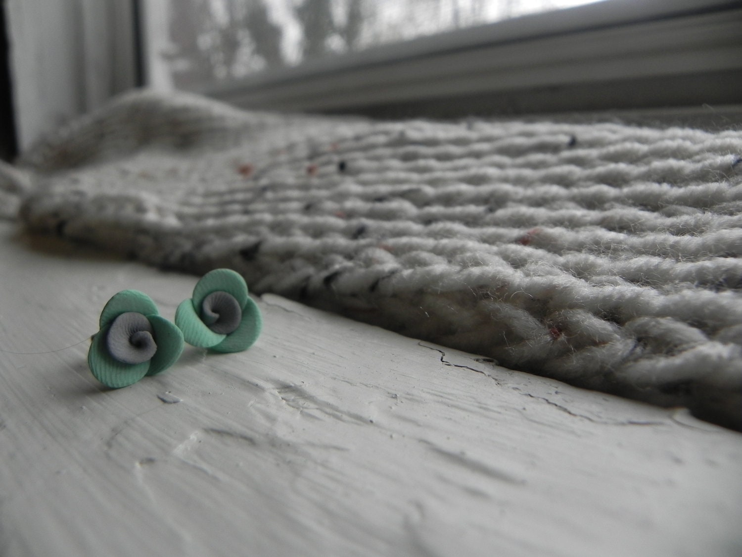 Mint and Grey Rose Earrings