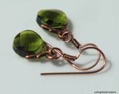 Swarovski Crystal Flat Briolette Earrings in Olivine Green and Copper