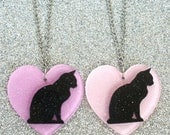 Black Cat Pink and Purple Acrylic Heart Friendship Necklaces