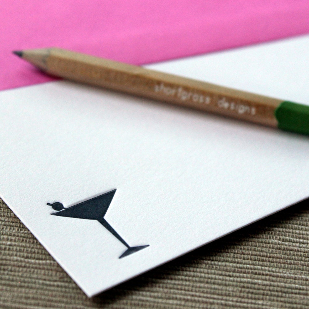 letterpress flat notecards (set of 10) - black martini glass