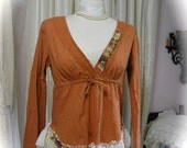 Womens Boho Blouse, shabby embellished, cottage chic style, rust copper burnt orange color, SMALL-ISH MEDIUM
