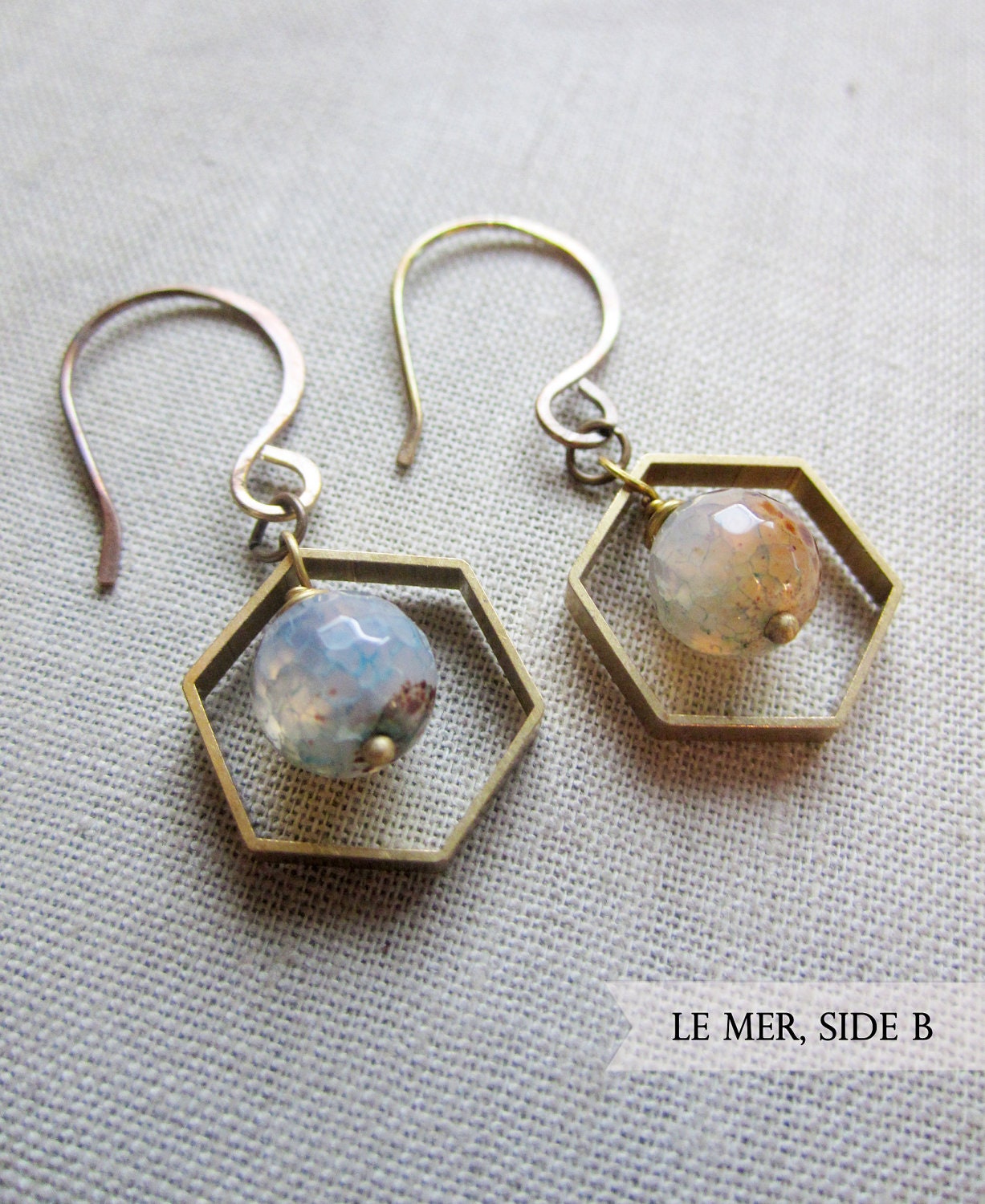 Le Mer Earrings in Agate- Faceted Agate beads suspended within sliced raw brass hexagons