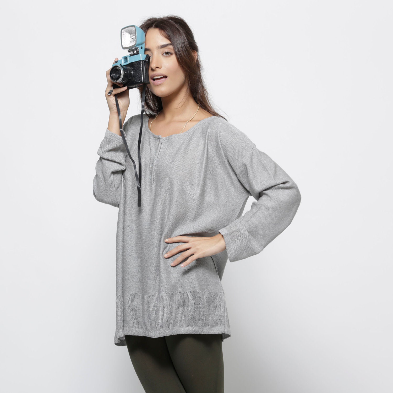 Grey knitted sweater, round neck sweater, women gray tunic one size fits all