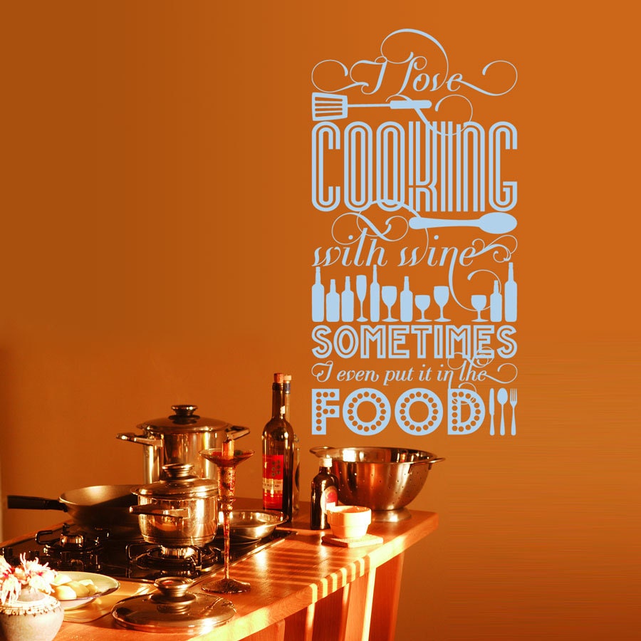 I Love Cooking with Wine - Vinyl Wall Decal Sticker Art - Small - Typography Wall Art