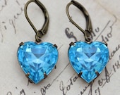Vintage Earrings Aquamarine Blue Hearts Glass -  March Birthstone Wedding Love Faceted Heart - Bridesmaids Bridal Earrings