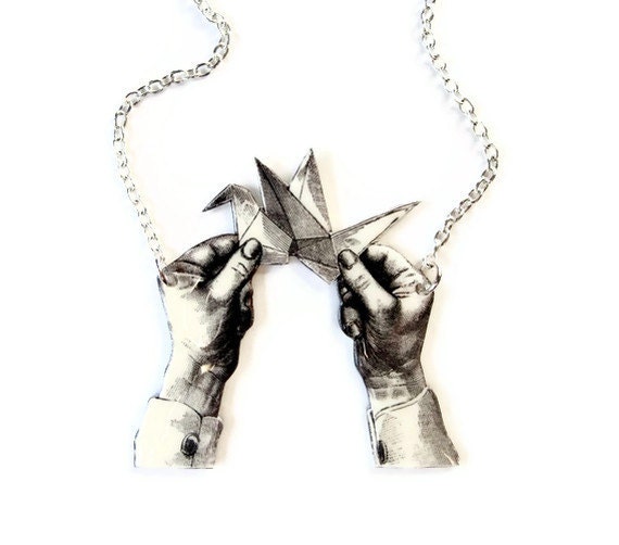 Origami Crane Paper Necklace Swan Hand Victorian Illustration