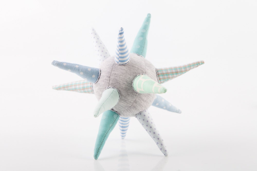 Cloth ball - Modern Teething Star all handmade In light gray , turquoise, mint, blue, checkered stripes and dots  by timo handmade