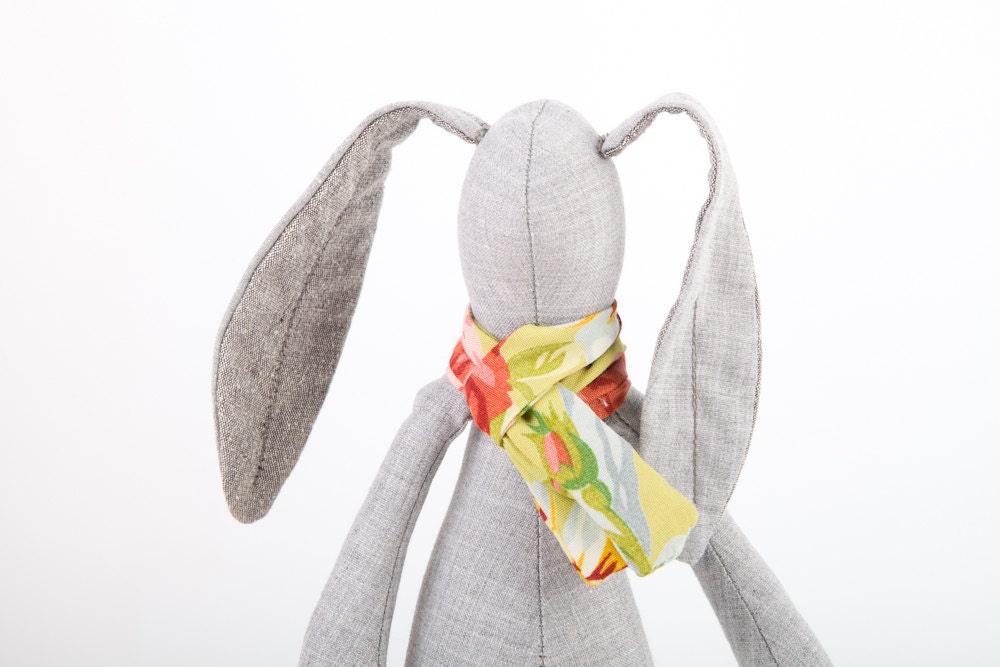 baby shower,stuffed bunny  plush small gray  rabbit wearing floral green scarf  and striped Peach socks  - eco handmade fabric doll - TIMOHANDMADE